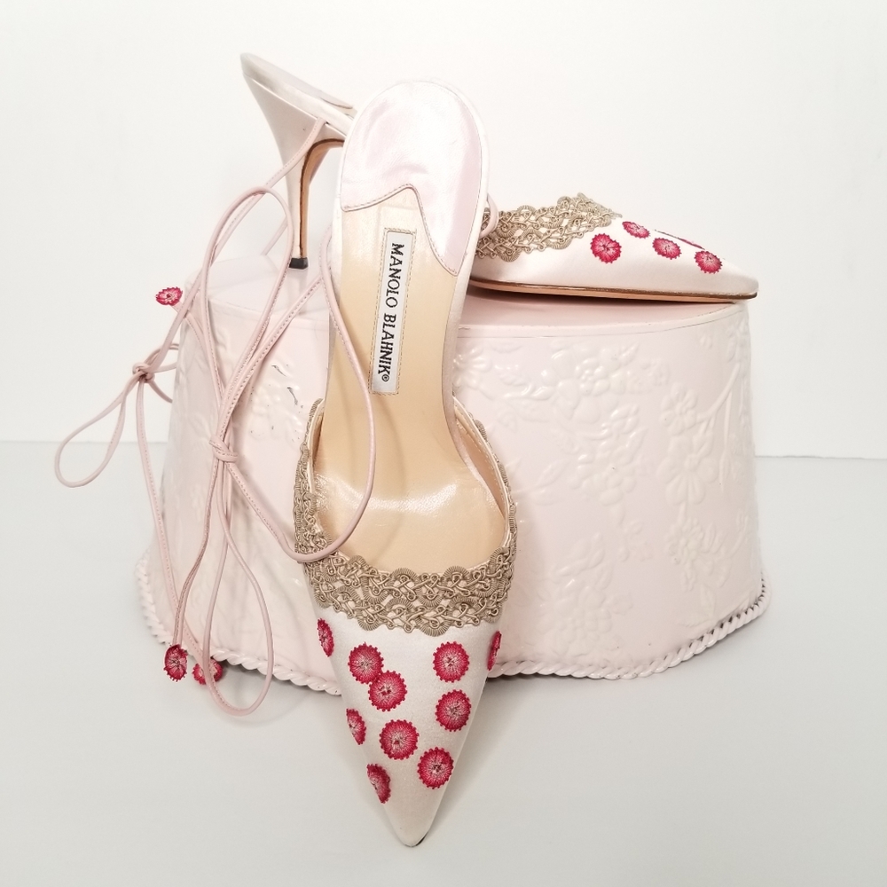 Manolo Blahnik  Floral Embroidered Ankle Tie Pump